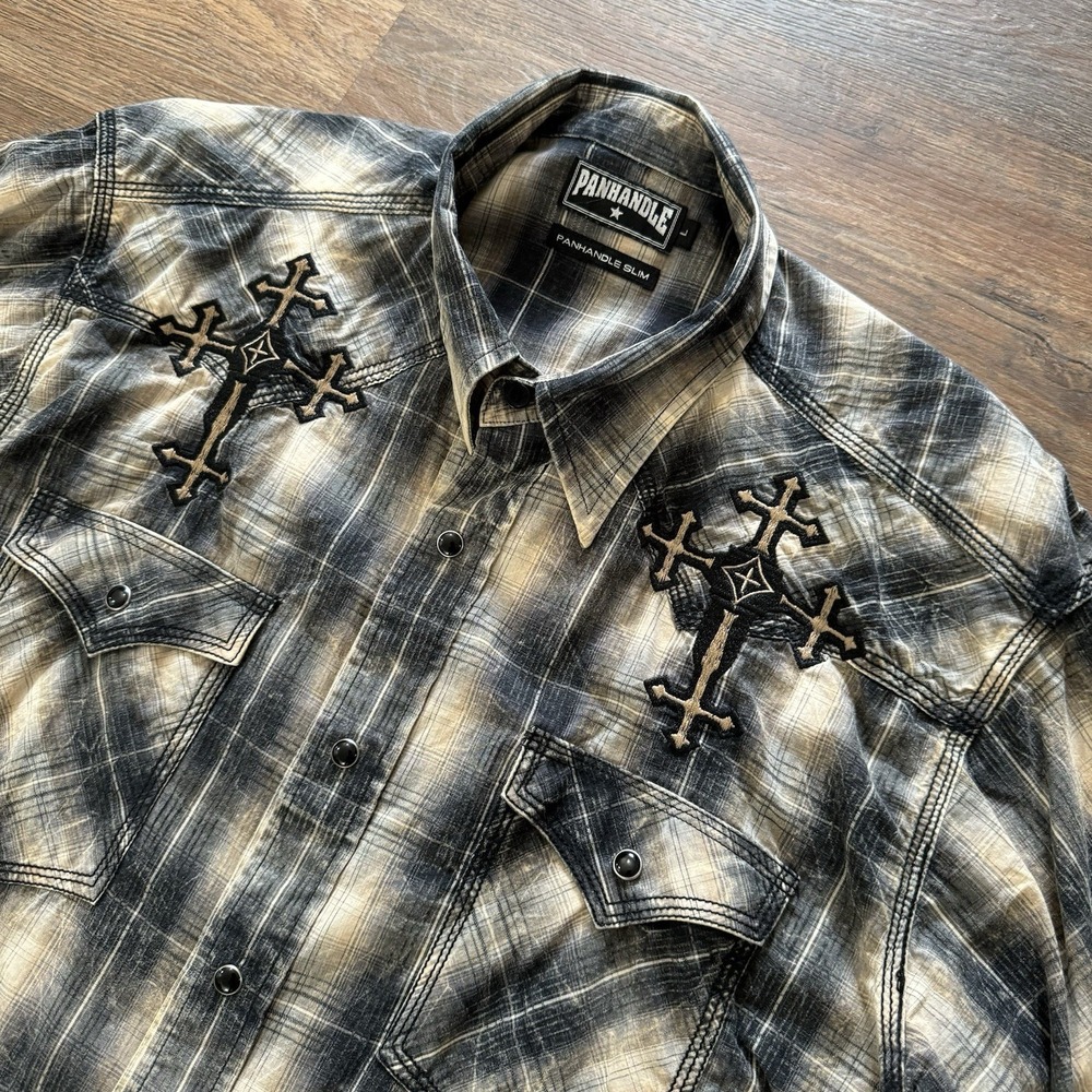 Panhandle Slim Y2K‎ Western Cowboy Pearl Snap Shirt Sz L Fade Plaid 90 Proof
